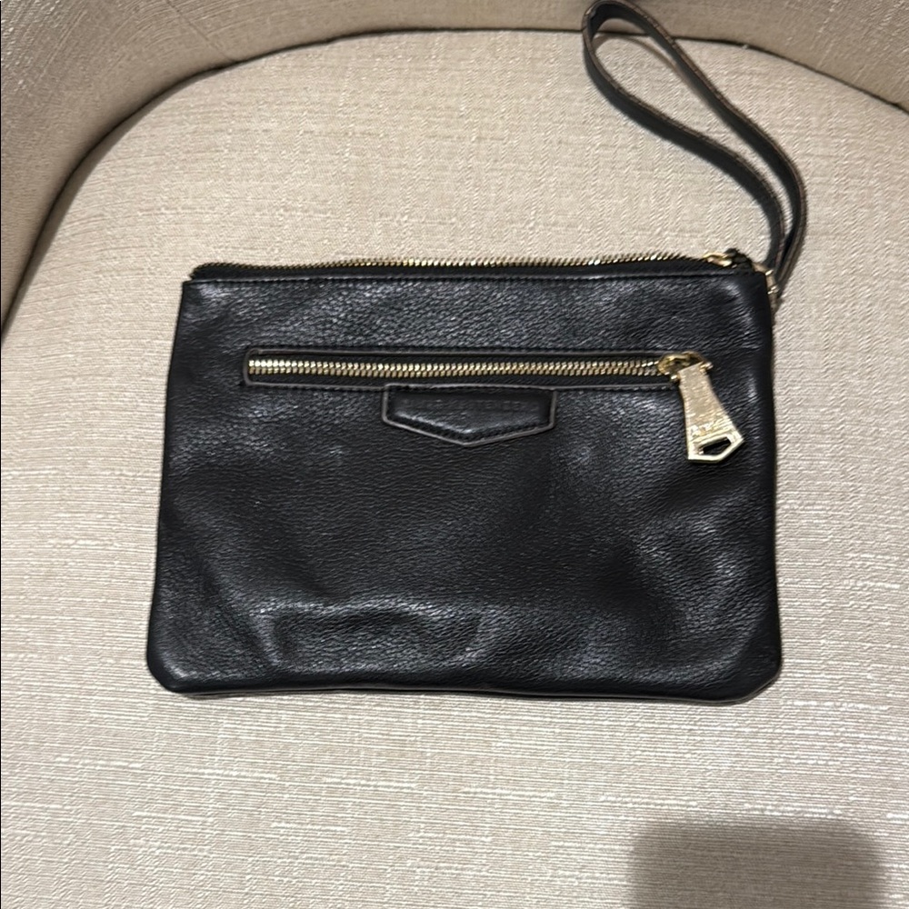Black Leather Wristlet with Gold Accents